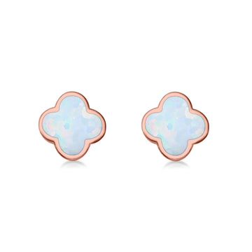 Clover Flower Stud Earring Rose Tone, Lab Created White Opal 925 Sterling Silver (6.20mm)